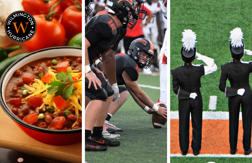 Link to homecoming details - photo collage of chili, football players, and band members
